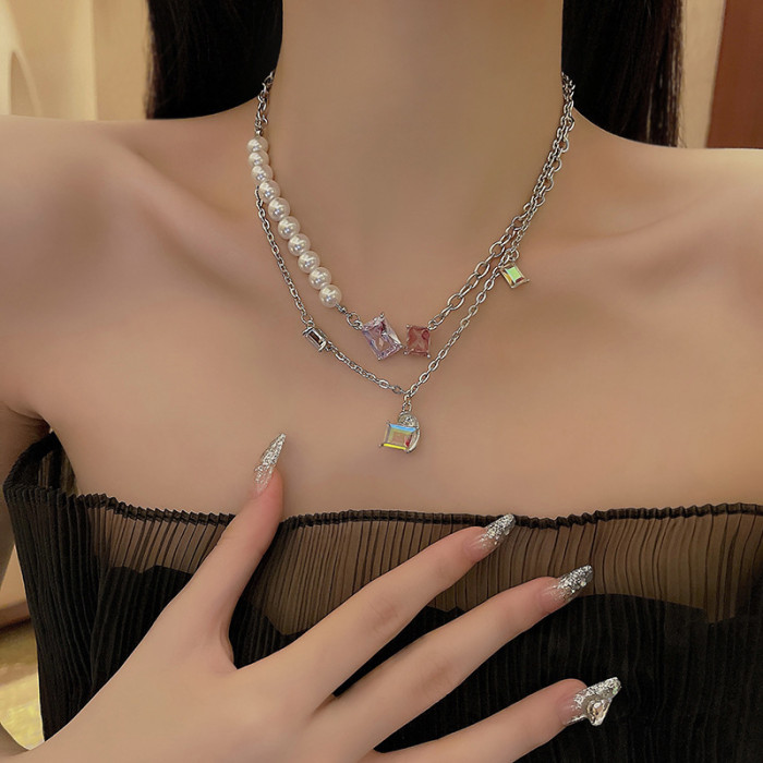 Punk Green Square Crystal Pearl Titanium Steel Chain Necklaces For Women Couple Elegant Double Layer 2022 Trend Jewelry