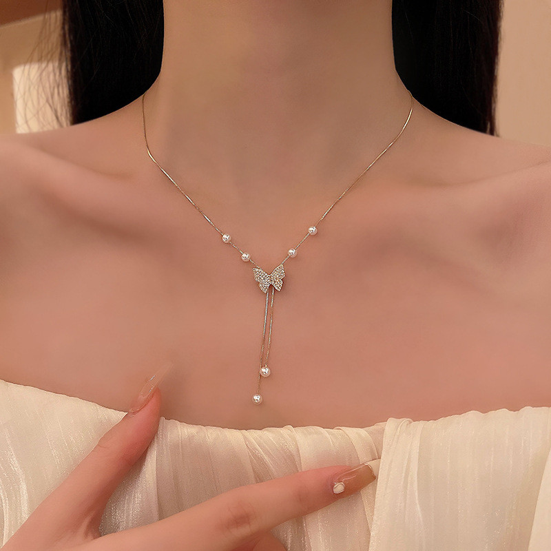 New Fashion Pearl Butterfly Tassel Pendant Stainless Steel Necklace for Women Zirconia Choker Female Jewelry