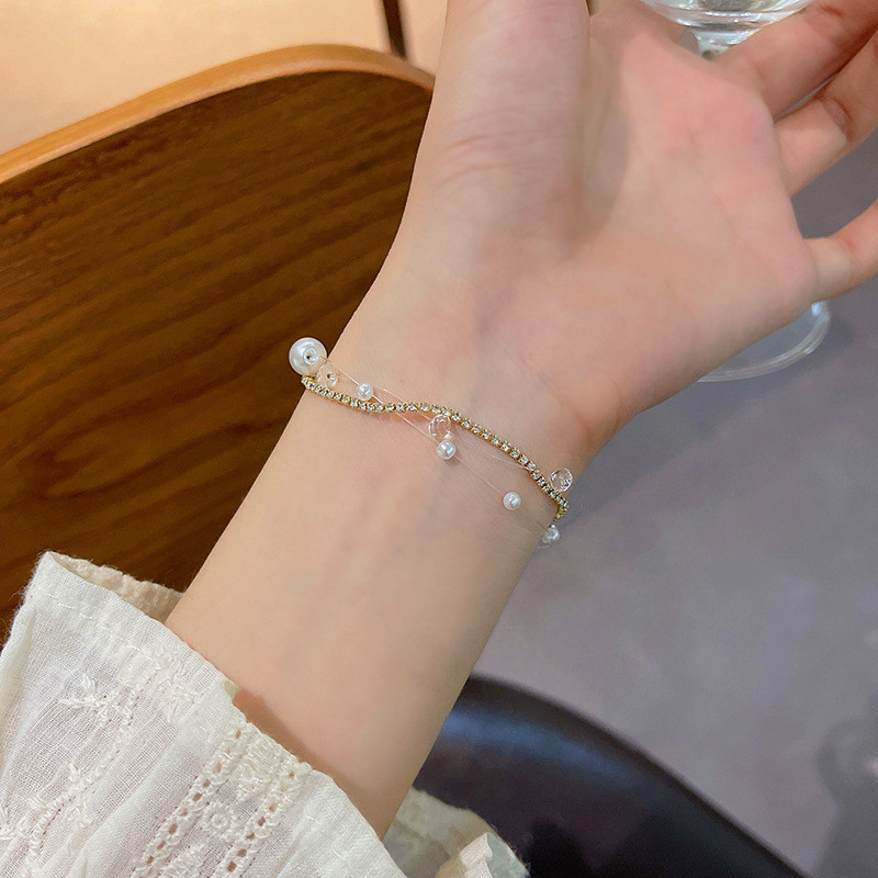 New Fashion Trend Unique Design Elegant Delicate Double Layered Zircon Pearl Bracelet Women's Jewelry Party Gift