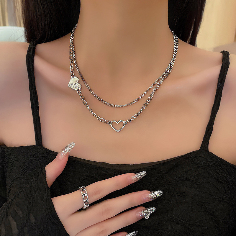 New Fashion Double Layer Women Necklace Love Heart Golden Silver Color Choker Neck Jewelry