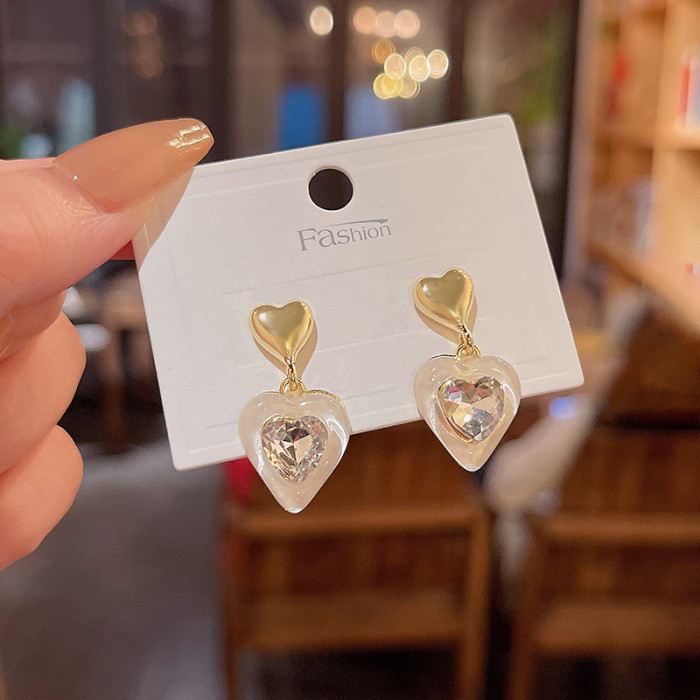 Trendy Zircon Double Heart Earrings Dangle Women Rhinestone Gold Plated Fashion Gift Jewelry