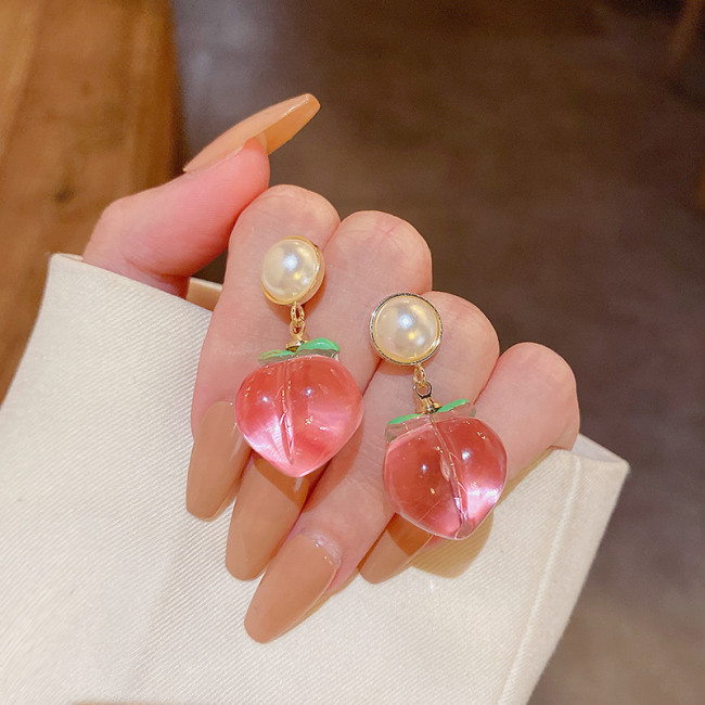 New Fashion Resin Pink Peach Drop Earring Sweet Fruit Long Pearl Earrings for Women Lady Gift Jewelry Tassel Dangle Accessories