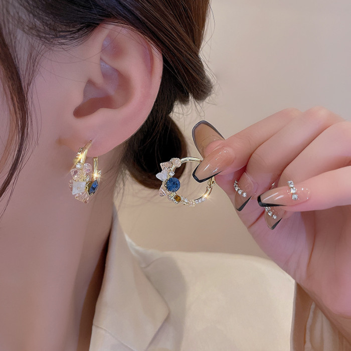 New Arrival Korean Trendy Crystal Geometric Flower Crystal Hoop Earring For Women Shiny Crystal Jewelry Fashion