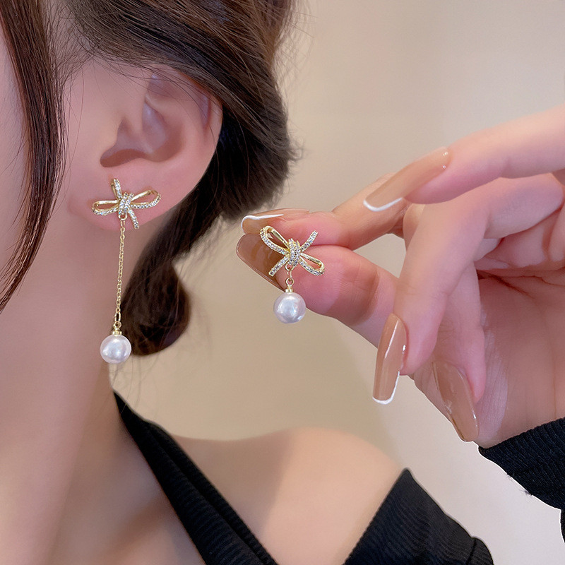 Korean Temperament Bow Earrings Female Fashion Asymmetric Pearl Long Tassel