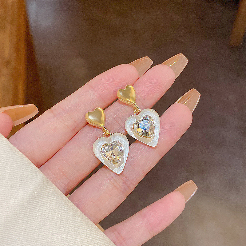 Trendy Zircon Double Heart Earrings Dangle Women Rhinestone Gold Plated Fashion Gift Jewelry
