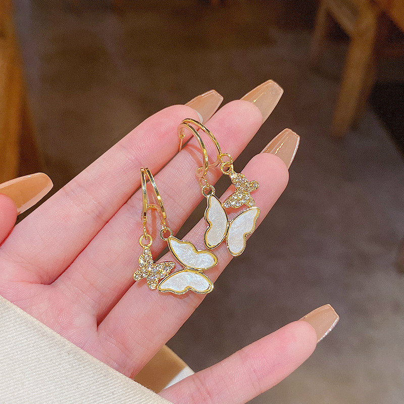 New Zircon Butterfly Earrings for Women Child Shell Butterfly Double Layer Jewelry