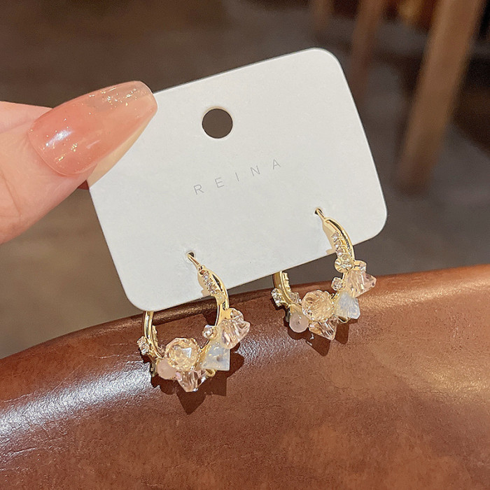 New Arrival Korean Trendy Crystal Geometric Flower Crystal Hoop Earring For Women Shiny Crystal Jewelry Fashion