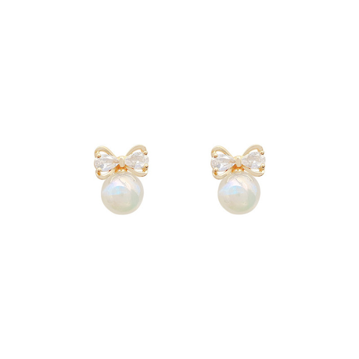 Summer Autumn Cute Vintage Personality Pave Zircon Pearl Bow Flower Stud Earrings For Women Girls Fashion Charm Jewelry