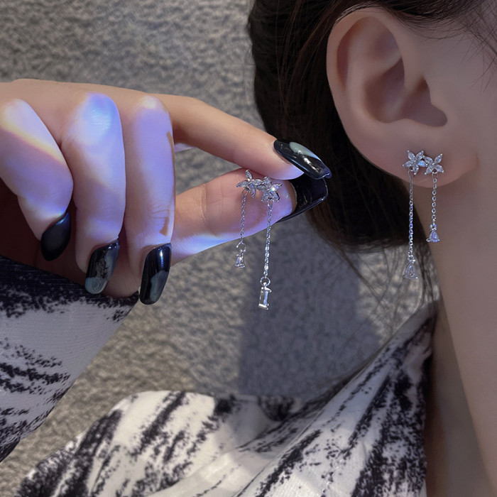 Luxury Rhinestone Flower Long Tassel Stud Earrings New Design for Women Girls Korean Fashion Party Jewelry