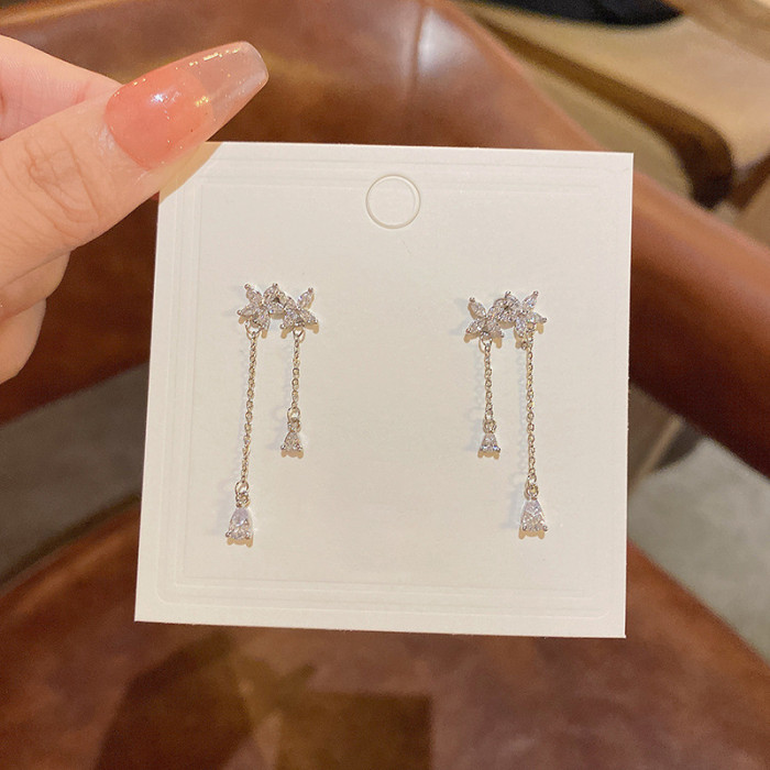 Luxury Rhinestone Flower Long Tassel Stud Earrings New Design for Women Girls Korean Fashion Party Jewelry