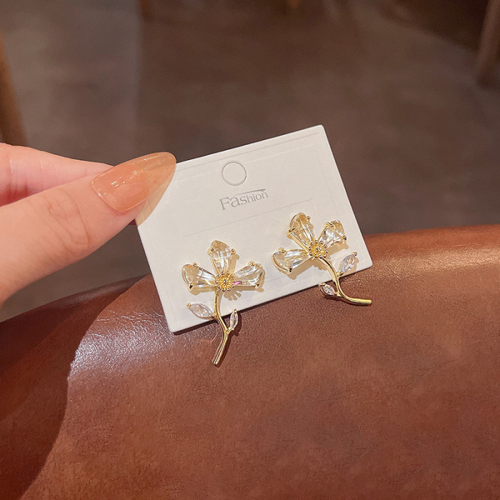 Fashion Elegant Crystal Flower Zircon Drop Earrings Women's Wedding Jewelry Party Gift Wholesale