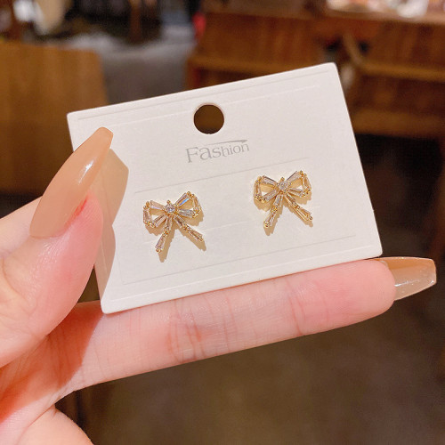 Korean Hot Selling Fashion Jewelry Exquisite 14K Real Gold Earrings Inlaid AAA Zircon Elegant Bow Female
