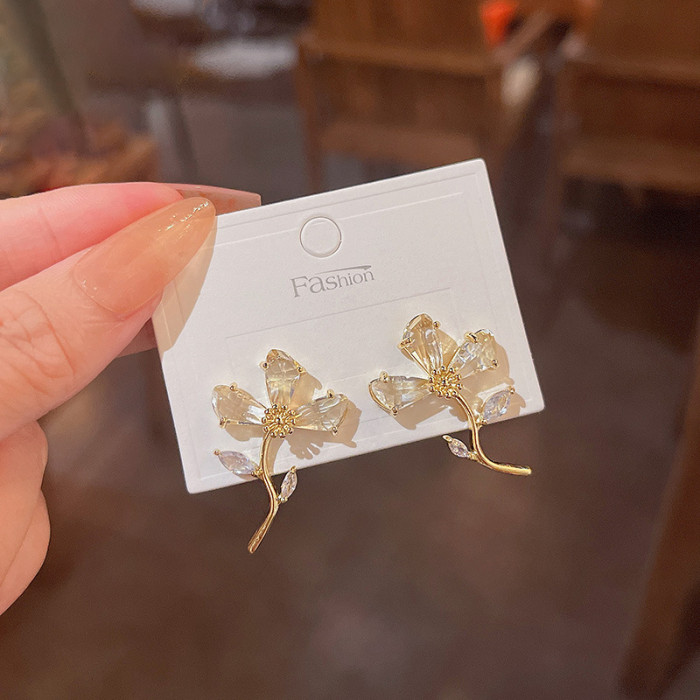 Fashion Elegant Crystal Flower Zircon Drop Earrings Women's Wedding Jewelry Party Gift Wholesale