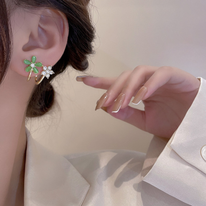 New Korean Green Opal Flower Earrings for Women Girl Exquisite Zircon All Match Temperament Fashion Jewelry