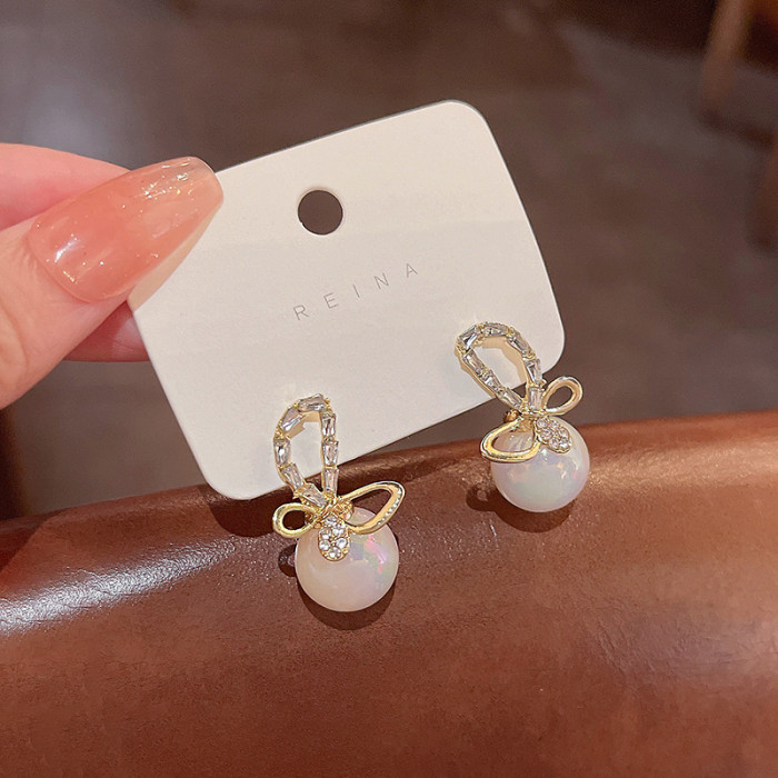 Women Crystal Bow Pearl Earrings Korea Pretty Wholesale Elegant Sweet Fashion