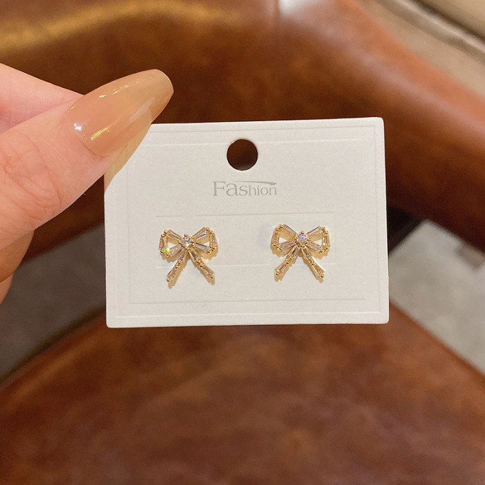 Korean Hot Selling Fashion Jewelry Exquisite 14K Real Gold Earrings Inlaid AAA Zircon Elegant Bow Female
