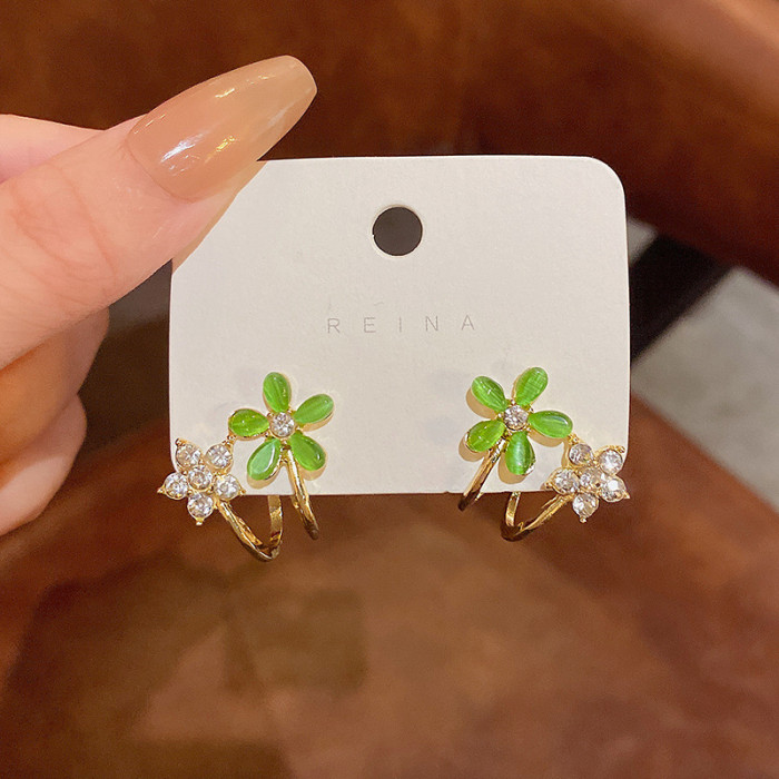 New Korean Green Opal Flower Earrings for Women Girl Exquisite Zircon All Match Temperament Fashion Jewelry