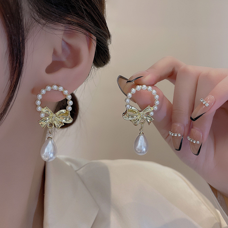 Korean Bow Knot Rhinestones Tassel Pearl Geometric Earrings for Women Elegant Crystal Wedding Bride Drop Jewelry 2022