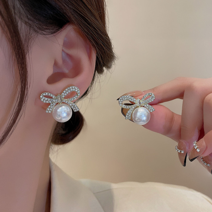 Crystal Simulated Pearl Dangle Earrings For Women Simple Bow Fashion Ear Jewelry Wedding Gift