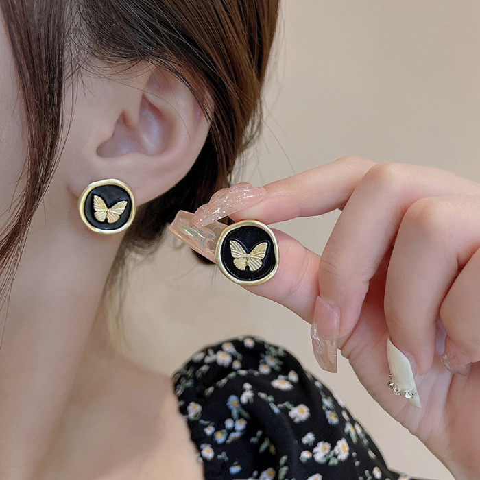 New Round Metal Butterfly Vintage Stud Earrings Simple Black Buttons Exquisite Women's Elegant Fashion Jewelry