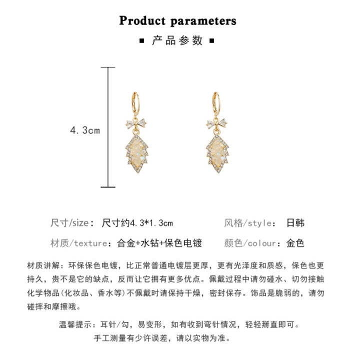 Fashion Women Stainless Steel Hanging Hollow Crystal Leaf Ear Hook Earrings Pendant Jewelry Bridal Wedding Gift Accessories