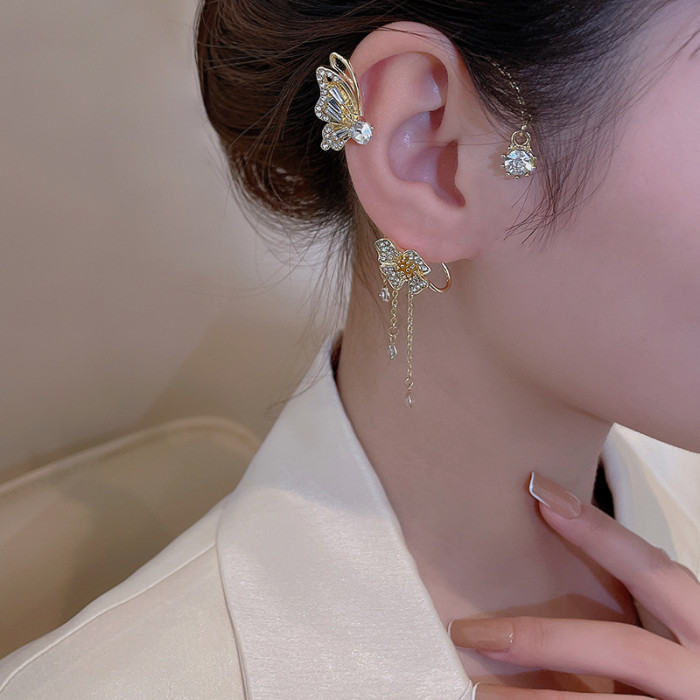 Shiny Zircon Butterfly Ear Cuff Gold Color Tassel Clip On Earrings For Women Korea Style Without Piercing Jewelry