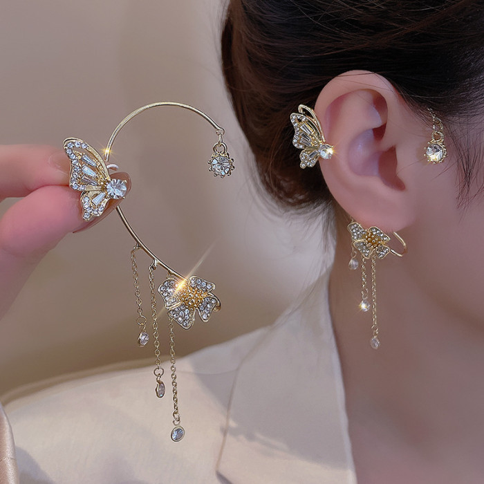 Shiny Zircon Butterfly Ear Cuff Gold Color Tassel Clip On Earrings For Women Korea Style Without Piercing Jewelry
