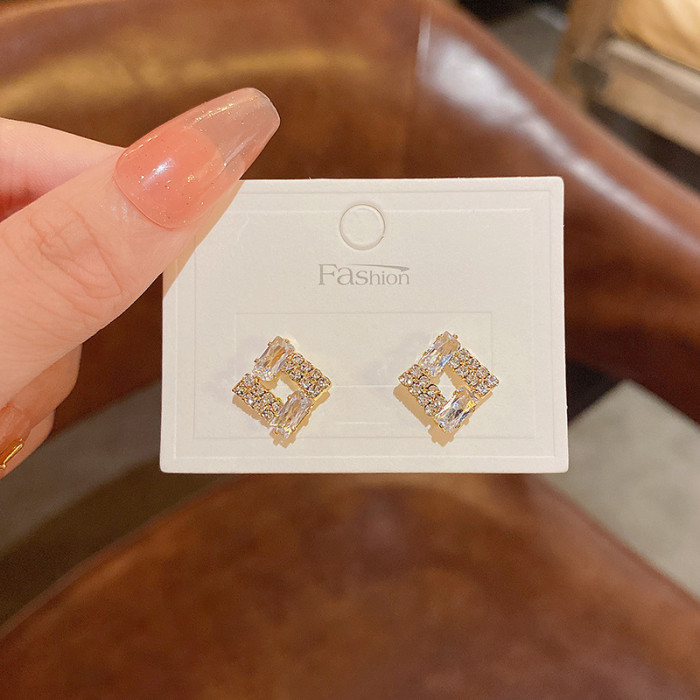 Korean Fashion Geometric Hollow Square Zircon Moissanite Earrings for Womenn Engagement Wedding Temperament Jewelry