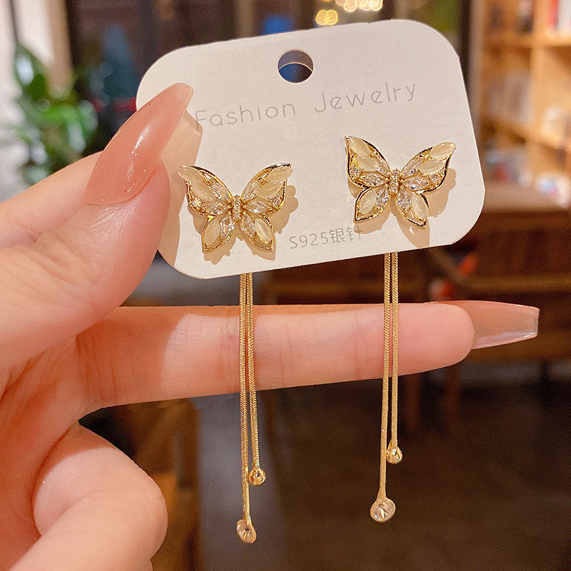 Women Long Tassel Earrings Korean Sweet Butterfly Rhinestone Elegant Geometric Hanging Jewelry