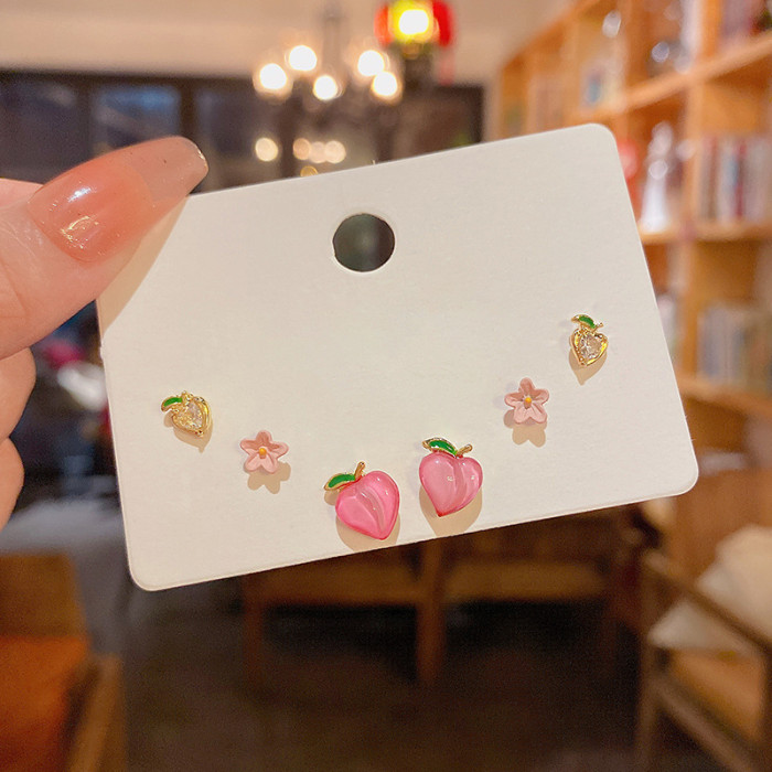 Korean Elegant Peach Flower Earrings Set For Women Simple Fruit Grape Cherry Butterfly Heart Creative Jewelry Party