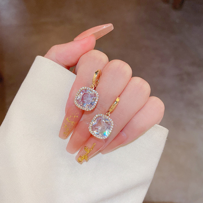 Fashion Luxury Big Square Drop Dangle Crystal Glass CZ Stone Big Hollow Bohemia Zircon Earrings for Women