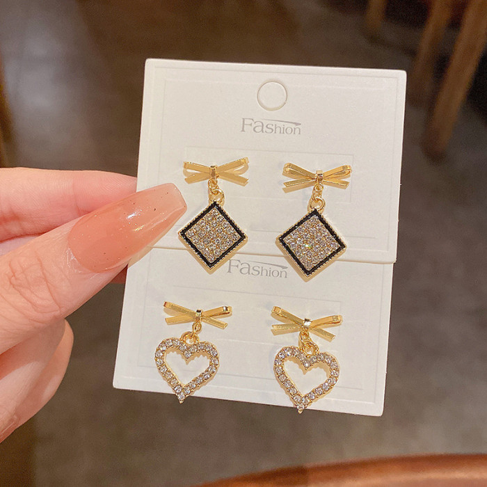 Design Sense Black Bow Geometric Square Heart Pendant Earrings Korean Fashion Jewelry for Womans Party Accessories