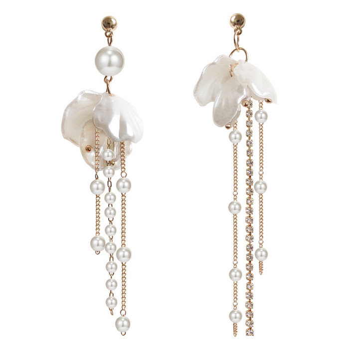 Korean Style Long Pearls Tassel Shell Earrings Resin White Petal Shell Elegant for Women Female