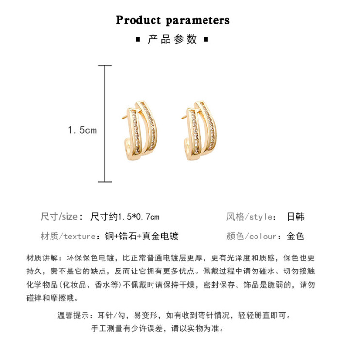 Double Layer Geometric Cross Zircon Stud Earrings for Women Fancy Design 14K Gold Stainless Steel Jewelry