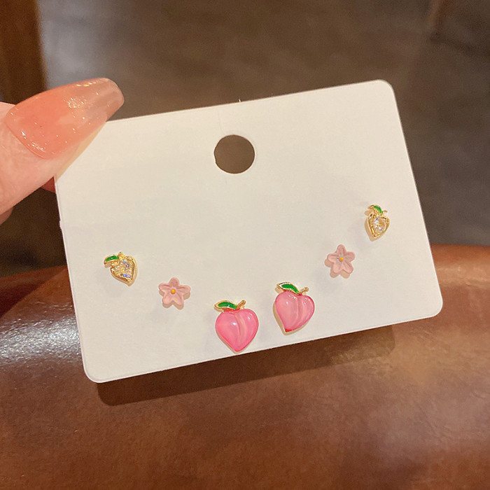 Korean Elegant Peach Flower Earrings Set For Women Simple Fruit Grape Cherry Butterfly Heart Creative Jewelry Party