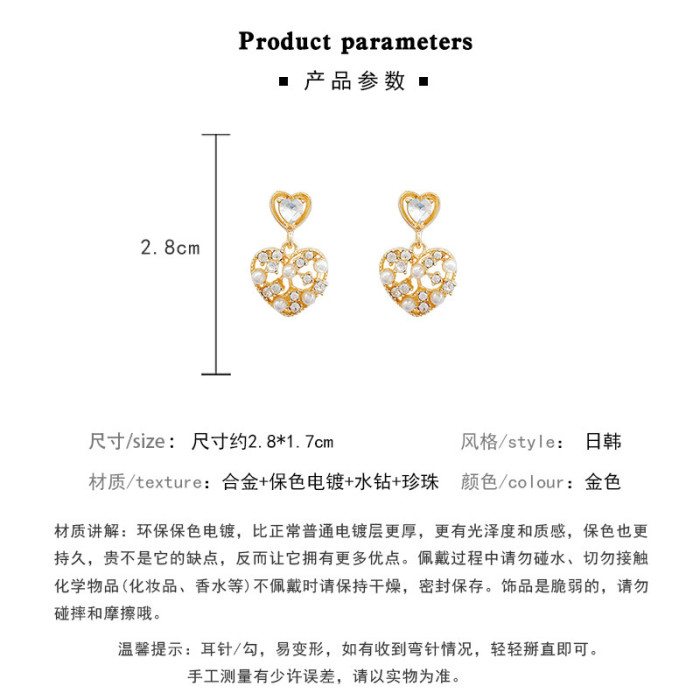 Shiny Cute Love Heart Hollow Zircon Earrings for Women Pearl Gold Color Metal 2022 New Fashion Korean Jewelry Party Gift