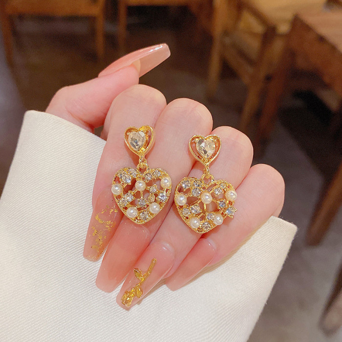 Shiny Cute Love Heart Hollow Zircon Earrings for Women Pearl Gold Color Metal 2022 New Fashion Korean Jewelry Party Gift