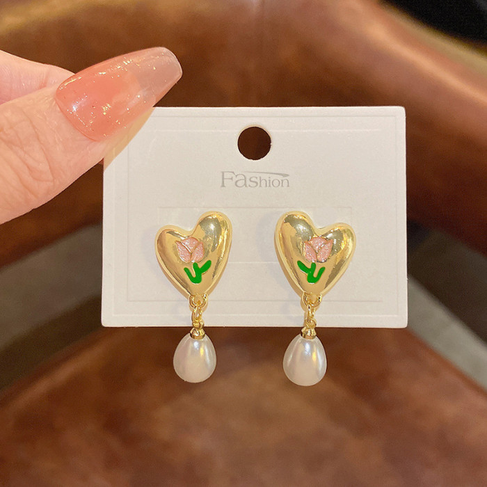 Metal Texture Heart Earrings Without Piercing for Women Wedding Party Trendy Tulip Flower Pearl Ear Clip Earrings No Holes