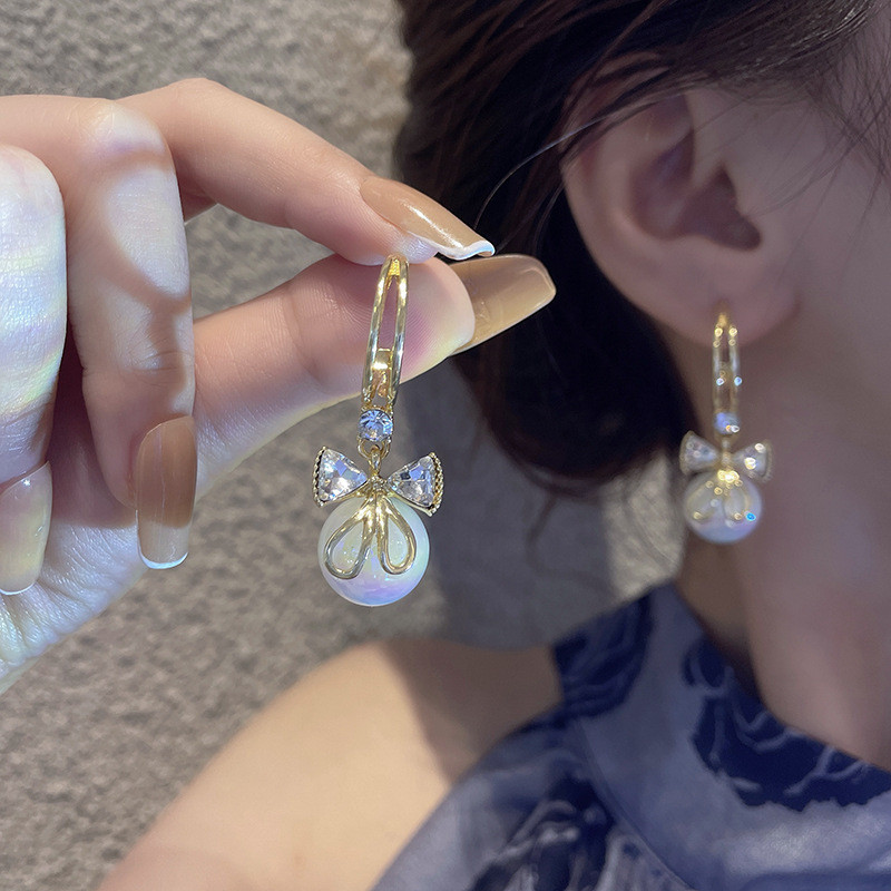 Fashion Trend Crystal Zircon Bow Pendant Earrings Women Party Girl Imitation Pearl Dangle Luxury Jewelry Gift