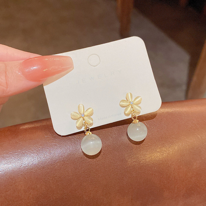 Exquisite Opal Flower Bead Stud Earrings for Women Rhinestone Geometric Girls Trend Party Ear Stud Jewelry