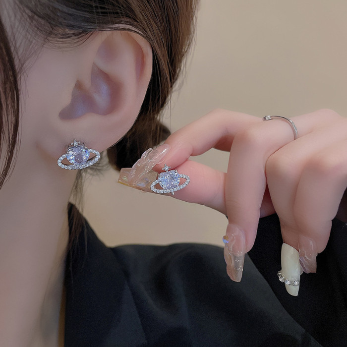 Korean Fashion Crystal Zircon Planet Stud Earrings for Female French Personality Simple Versatile Temperament Jewelry