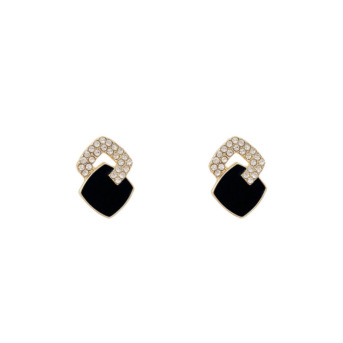 Trend Rhinestone Geometric Drop Earrings for Women Korean Fashion Black Color Female Elegant Jewelry