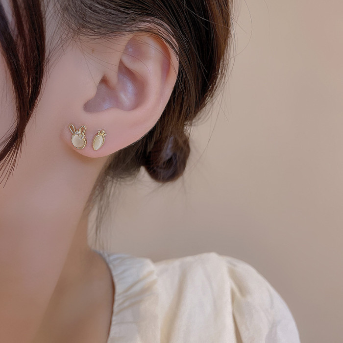 Silver Color Asymmetric Moonstone Rabbit Radish Stud Earrings Woman Exquisite Fashion Cute Student Jewelry Birthday Gift