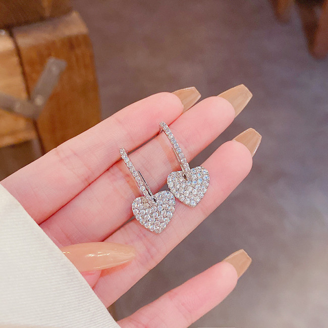 Hot Sale Heart Shape Women Drop Earrings Jewelry Full Shiny Crystal Zircon Wedding Engagement Party Girl Fashion