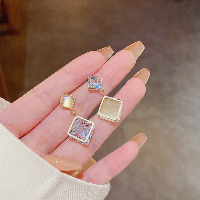 Korean Geometric Square Opal Earrings for Women Small Female Fashion Design Temperament Jewelry