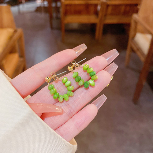 Green Opals Hoop Earrings For Women Geometric Imitation Opal Jewelry Wedding Ear Piercing Studs Lady Party Gift