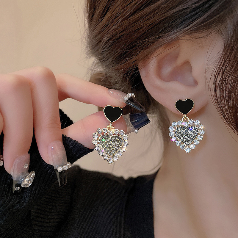 Luxury Shiny Rhinestone Zircon Heart Earrings For Women Korean Fashion Party Jewelry