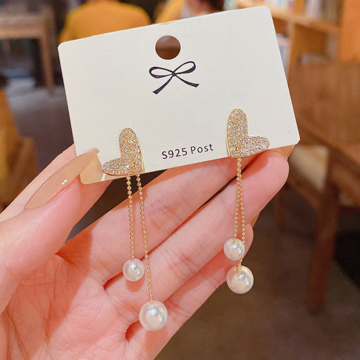 Fairy Korean Pearl Pendants Crystal Heart Top Flexible Tassel Earrings for Girls Luxury Wedding Ear Jewelry