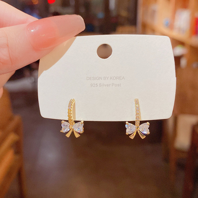 2022 Love Peach Zircon Golden Bow Earrings WomenPersonality Fashion Wedding Jewelry Birthday Anniversary Gifts