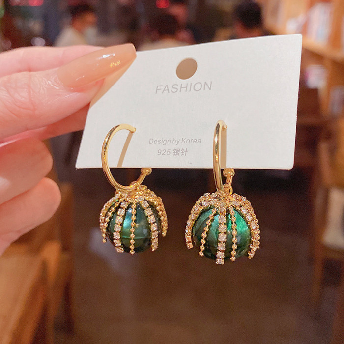 New Cute Simple Green Pearl Transparent Zircon Tassel Hoop Earrings For Women Metal Fine Jewelry Gift
